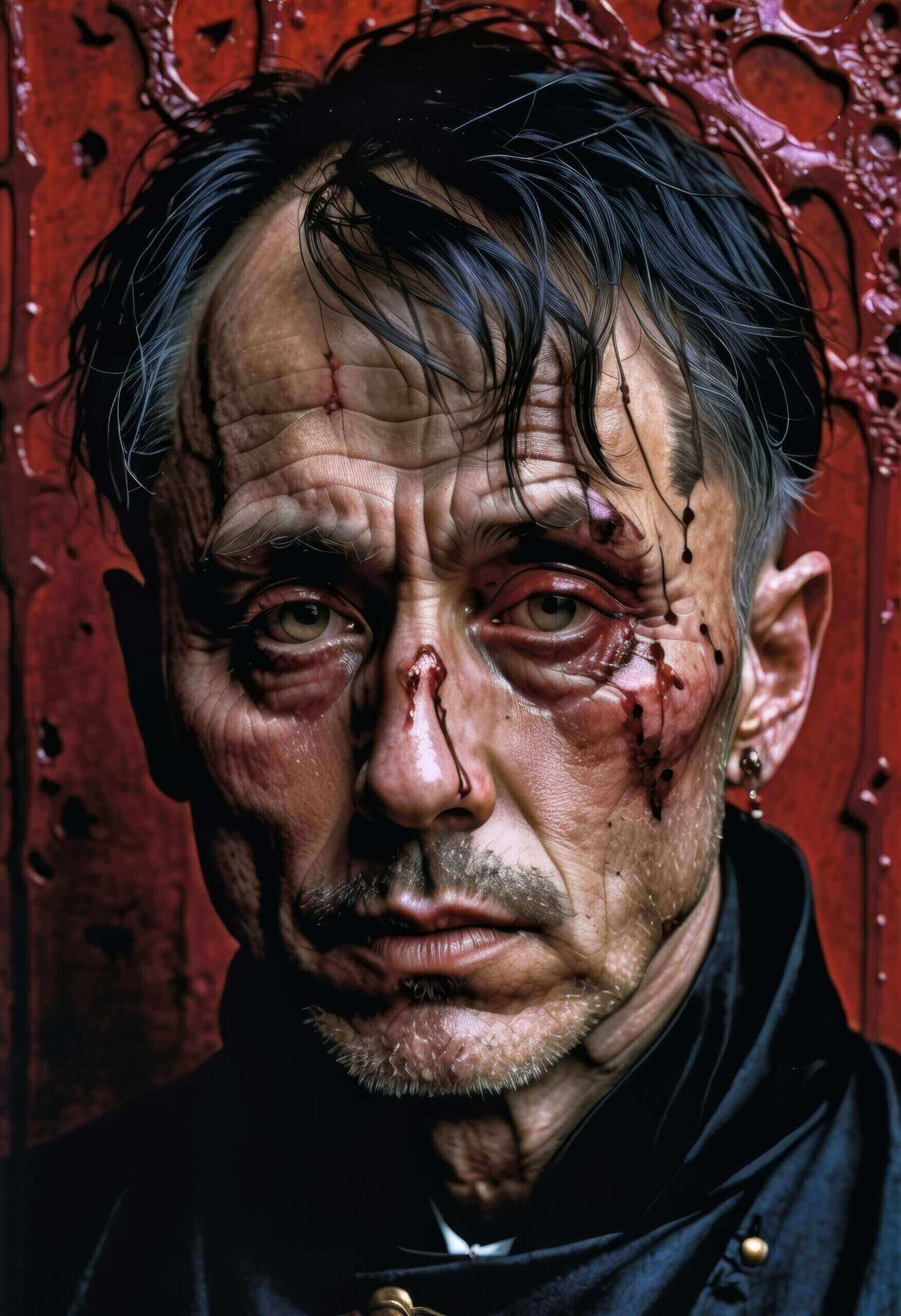 Butcher Of Plainfield: The Horrifying True Story Of Ed Gein Close-Up Portrait Of A Battered Man With Blood.